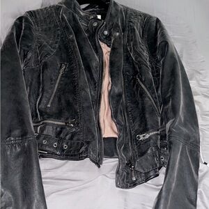 Free People Distressed Black Leather Jacket